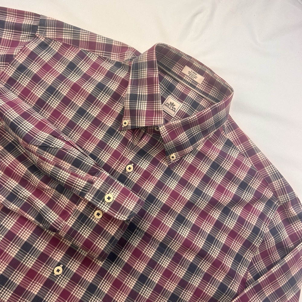 Peter Millar Mens Burgundy Blue Plaid Cotton Long Sleeve Button Up Shirt L